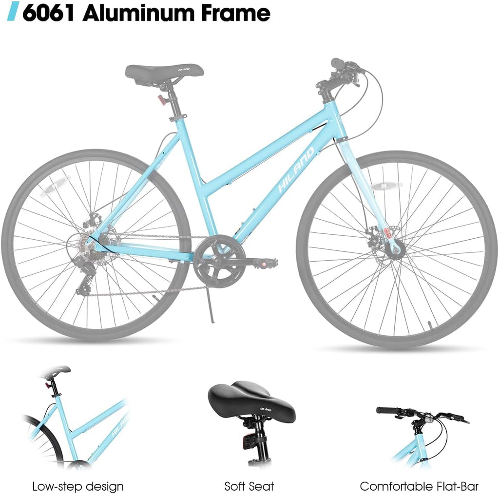 HILAND 700C Road Hybrid Bike, 7 speeds Bikes Urban City Commuter Bicycle with Disc Brake for Men Women Adult Comfortable Bicycle
