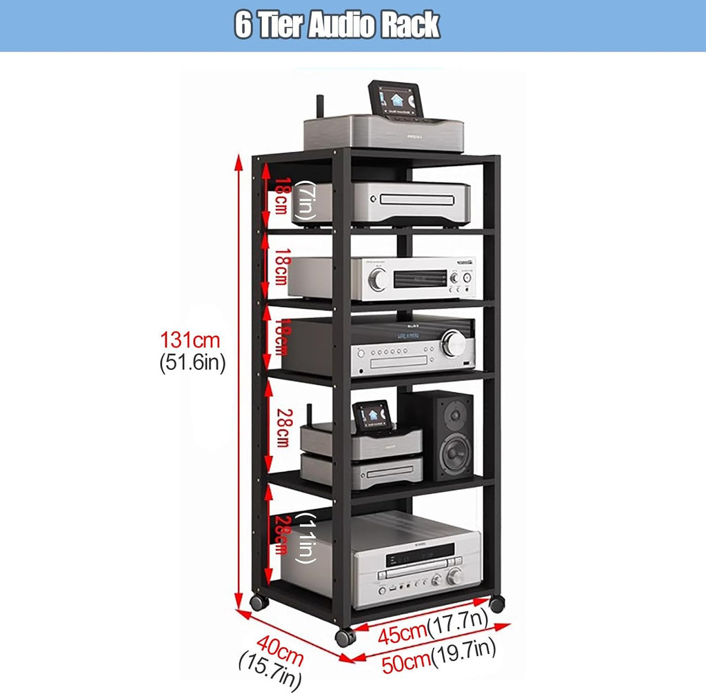 131cm Tall Mobile Stereo Racks and Stands on Wheels Heavy Duty Audio Equipment Rack Cart with Height-Adjustable Shelf, Entertainment Stereo Components Av Media Stand, 6 Tier
