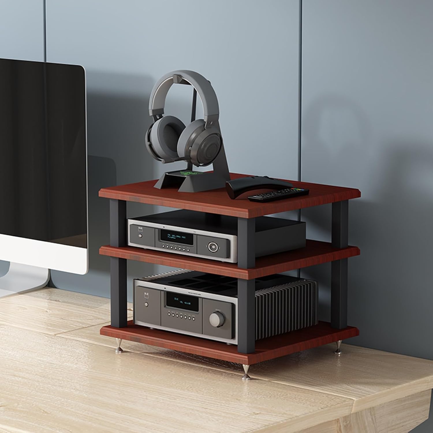 Modern Audio Rack Stand - Open Storage Media Cabinet, Floor-Standing Stereo Tower for CD Player & AV Equipment, Teak Finish, 40x35x33.5CM, Perfect for Home Theater & Office