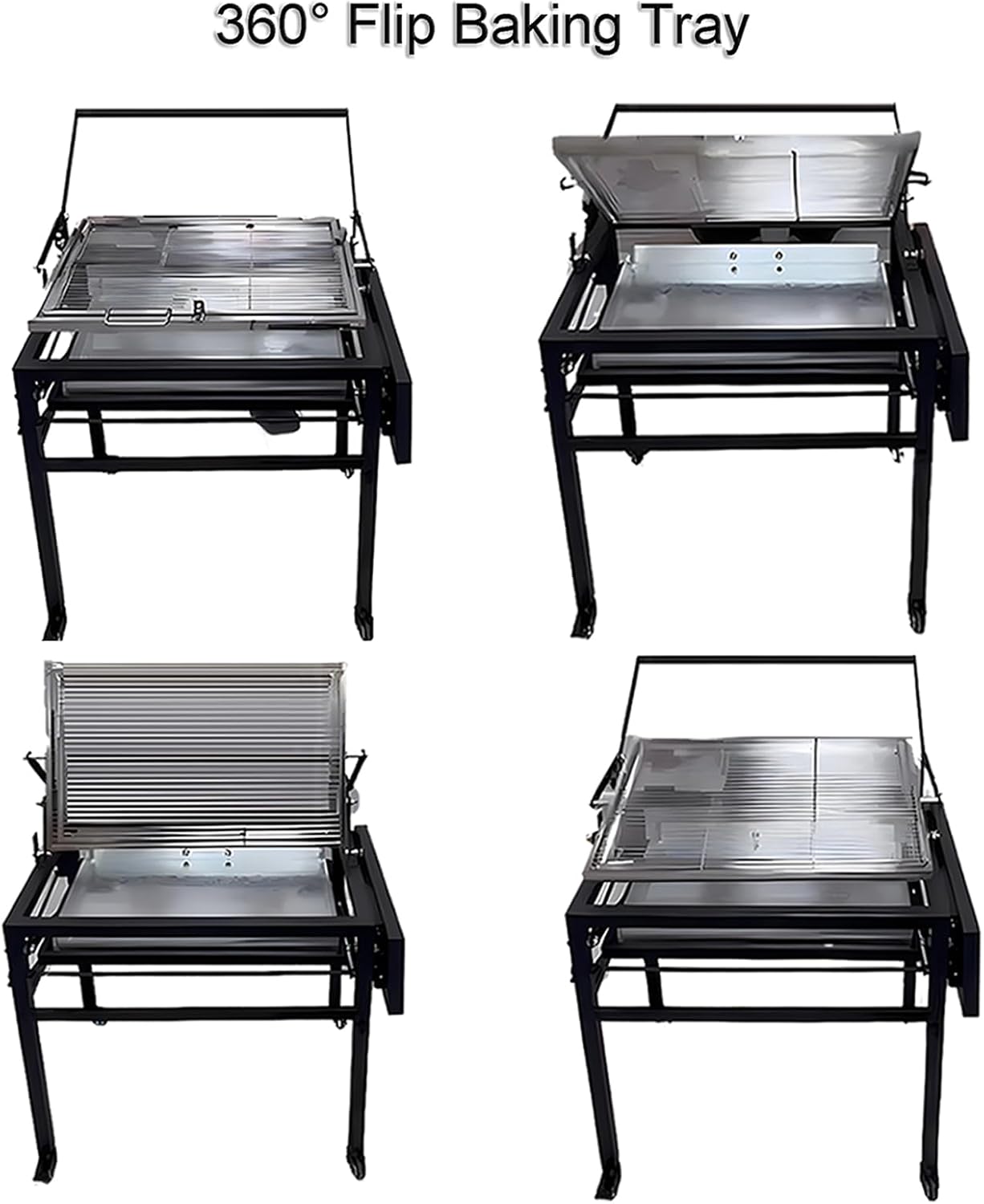 BBQ Charcoal Grill with Cart, Heavy Duty Square Outdoor Detachable Portable Grill, 360° Rotating Cooking Grid Stand-up Grills with Wheels for Camping Garden Commercial Barbeque