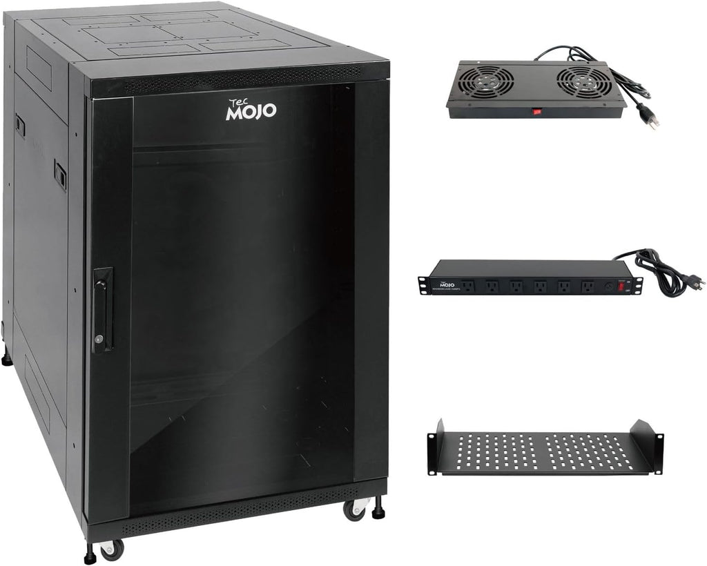 Tecmojo Fully Assembled 18U Network Cabinet AV Rack Black Equipment Rack Enclosure with Casters/Locking Doors with Dual Fan, PDU and Cantilever Shelf Installed (23.6inch DEEP Glass Door)