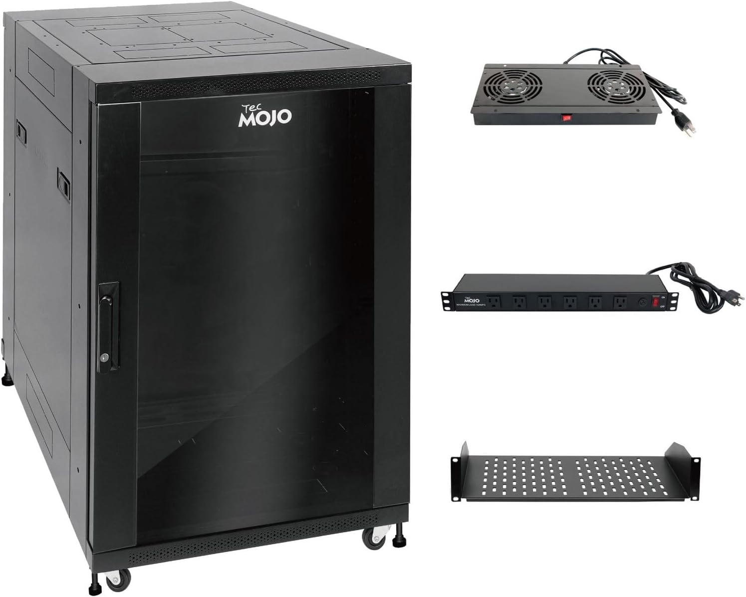 Tecmojo Fully Assembled 18U Network Cabinet AV Rack Black Equipment Rack Enclosure with Casters/Locking Doors with Dual Fan, PDU and Cantilever Shelf Installed (23.6inch DEEP Glass Door)