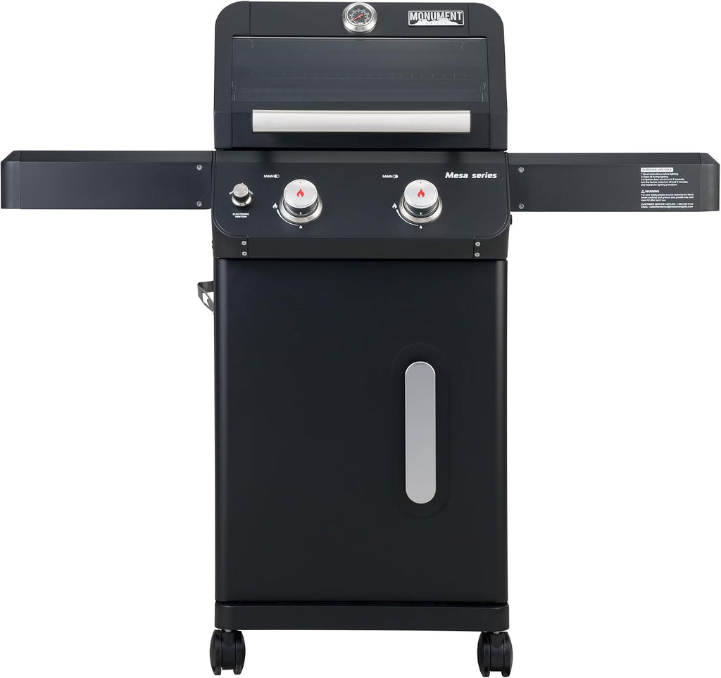 Monument Grills 2-Burner Stainless Steel Liquid Propane Gas Grill, Two Foldable Shelves Patio Garden Barbecue Grill with Clearview® Lid, Knob Control Mesa220, Black
