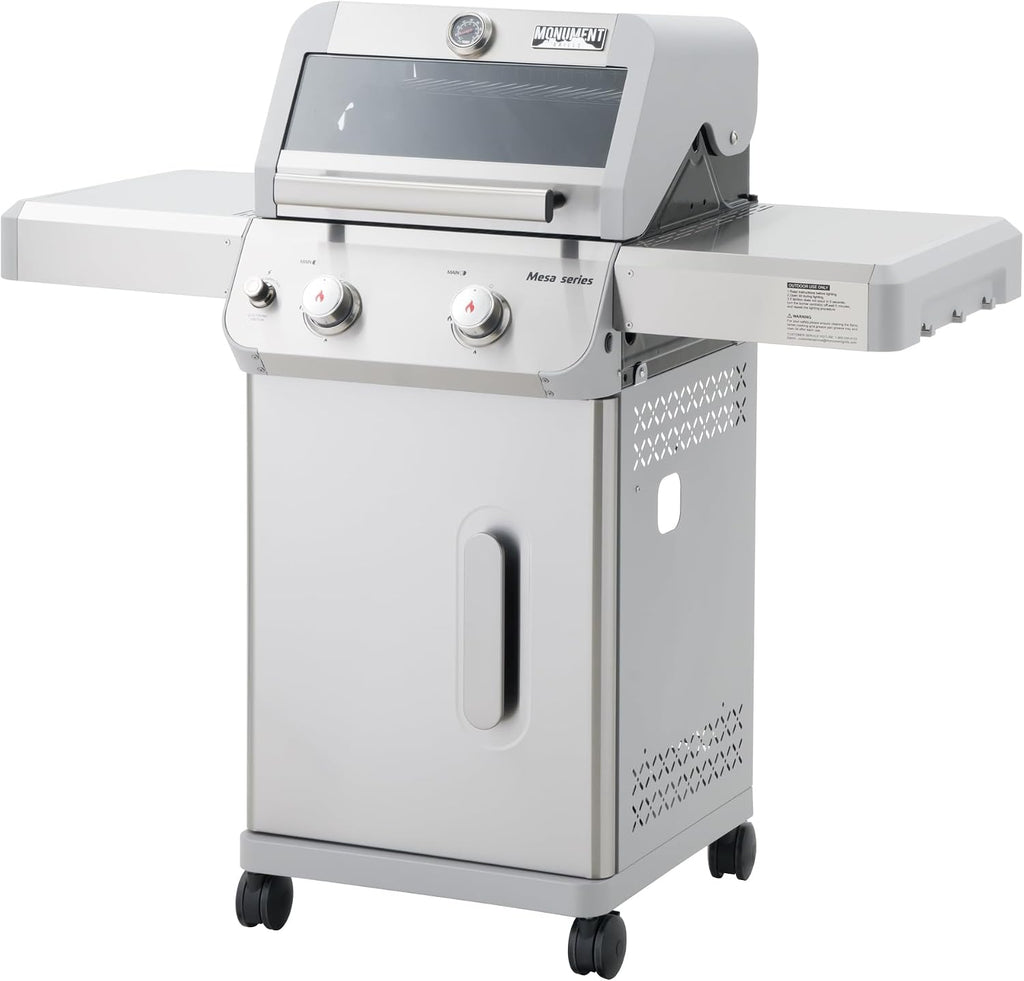 Monument Grills 2-Burner Stainless Steel Liquid Propane Gas Grill, Two Foldable Shelves Patio Garden Barbecue Grill with Clearview® Lid, Knob Control Mesa200S