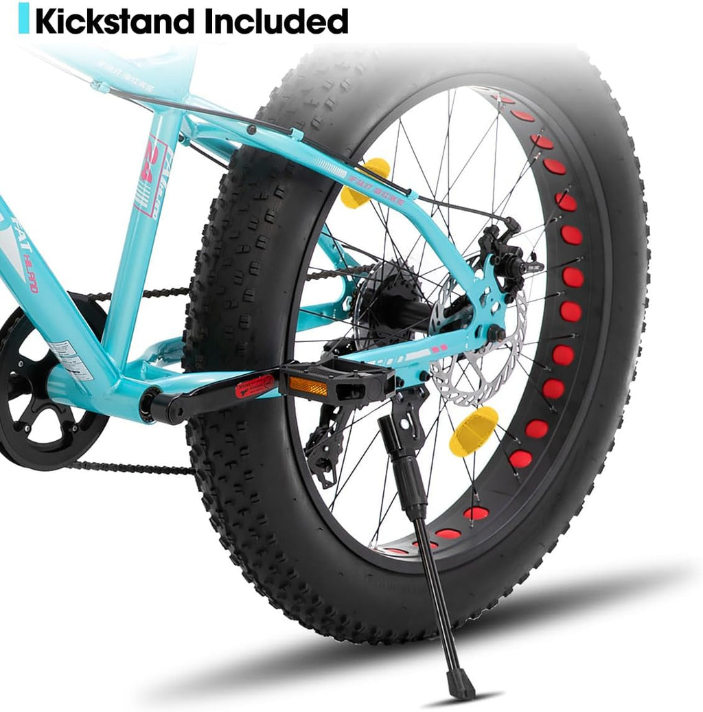 HILAND 24 26 Inch Fat Tire Mountain Bike for Men and Women, High Carbon Steel Frame Beach and Snow Wide Tire Adult Bicycle, 7-Speed and Dual-Disc Brake MTB