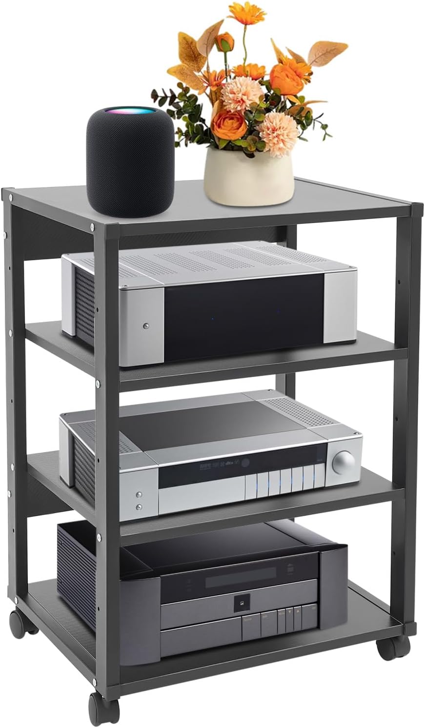 4-Tier Audio/Video Media Stand with Lockable Wheels, CD & Record Player Display Cabinet, AV Equipment Storage Rack, Holds Up to 88.18 lbs, Perfect for Living Room Entertainment