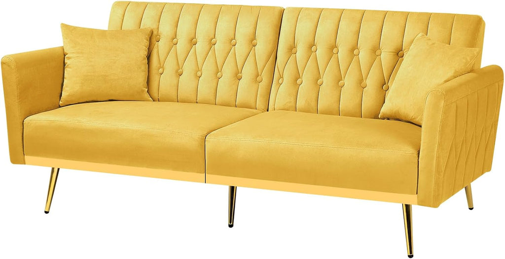 70' Velvet Futon Sofa Bed w/Adjustable Armrests & 2 Pillows, Convertible Futon Couch w/Adjustable Backrests, Modern Sleeper Bed for Living Room, Bedroom, Yellow