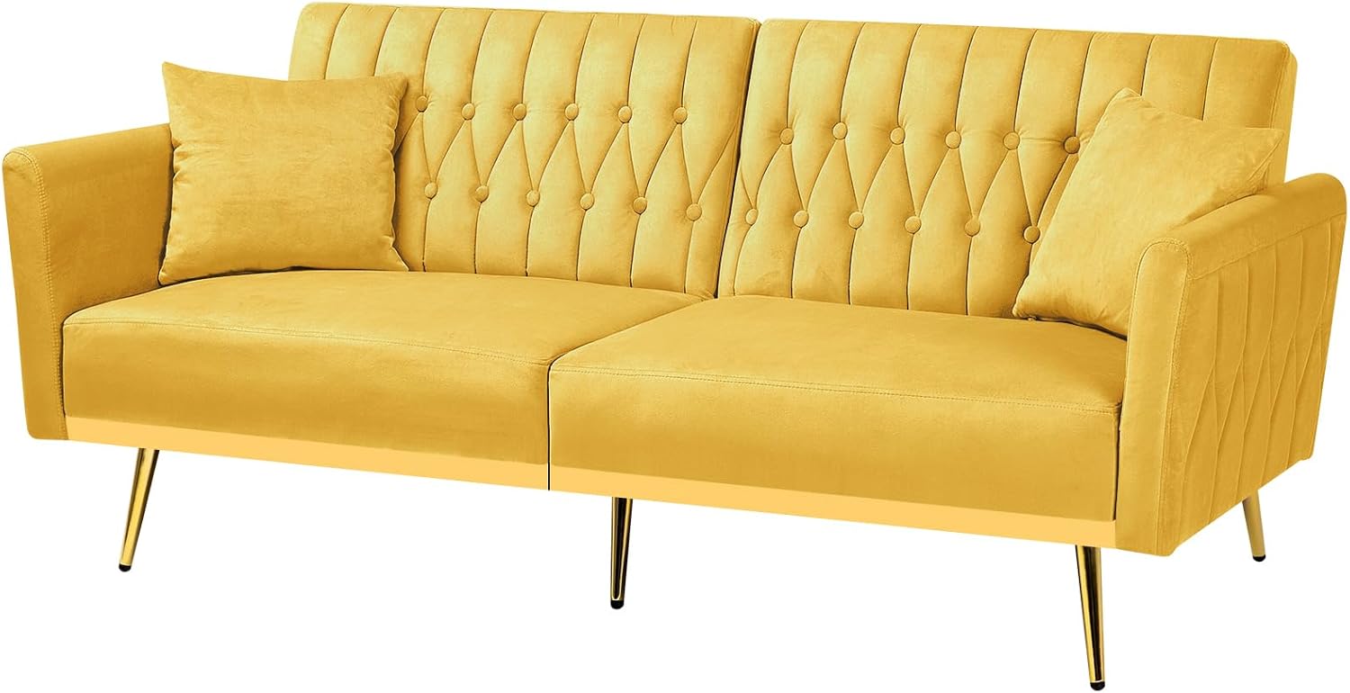 70' Velvet Futon Sofa Bed w/Adjustable Armrests & 2 Pillows, Convertible Futon Couch w/Adjustable Backrests, Modern Sleeper Bed for Living Room, Bedroom, Yellow