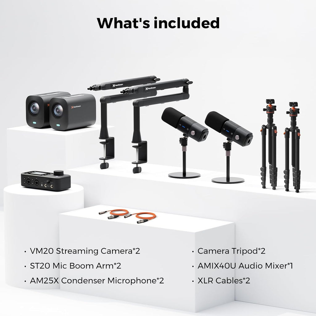 NearStream PodPro Duo Podcast Equipment Bundle for 2 (2 VM20 Streaming Camera, 2 AM25X Microphone, 2 ST20 Mic Boom Arm, 1 AMIX40U Audio Mixer, 2 Camera Tripod and 2 XLR Cables)