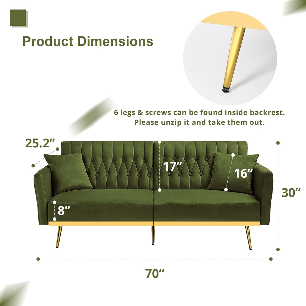 70' Velvet Futon Sofa Bed w/Adjustable Armrests & 2 Pillows, Convertible Futon Couch w/Adjustable Backrests, Modern Sleeper Bed for Living Room, Bedroom, Olive Green