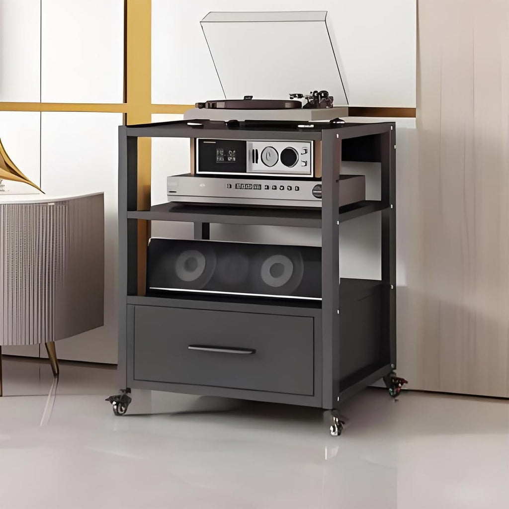 Modern Audio Cabinet & Media Storage, Adjustable Shelves Record Player & DVD/CD Rack Tower, Movable AV Stand, Stylish Black Stereo Holder (50x40)