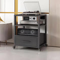 Modern Audio Cabinet & Media Storage, Adjustable Shelves Record Player & DVD/CD Rack Tower, Movable AV Stand, Stylish Black Stereo Holder (50x40)