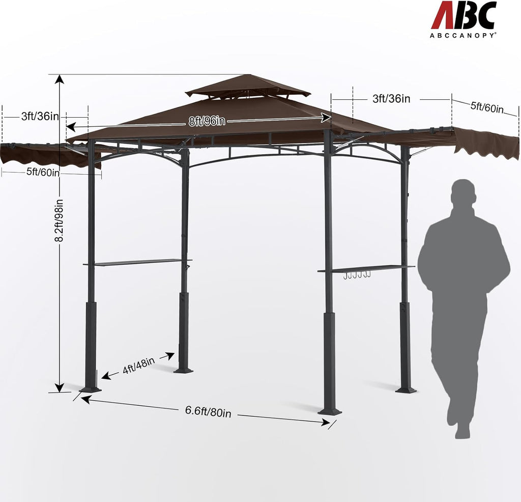 ABCCANOPY Grill Gazebo with 2 Side Awnings - 14x5 Outdoor BBQ Canopy Shelter with 2 Led Lights for Patio Backyard Grilling (Brown)