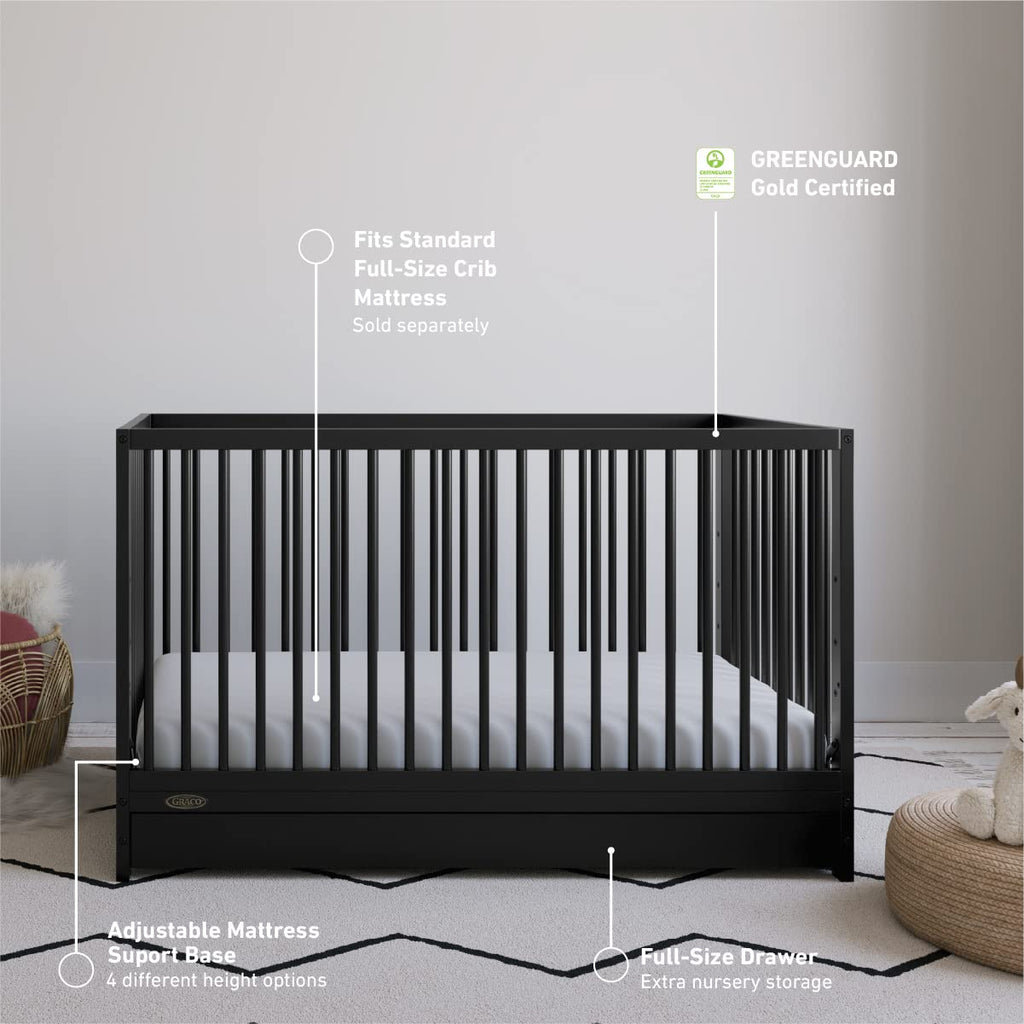 Graco Teddi 5-in-1 Convertible Crib with Drawer – GREENGUARD Gold Certified, Full-Size Nursery Storage Drawer, Baby Crib Converts to Toddler Bed, Daybed and Full-Size Bed (Black)