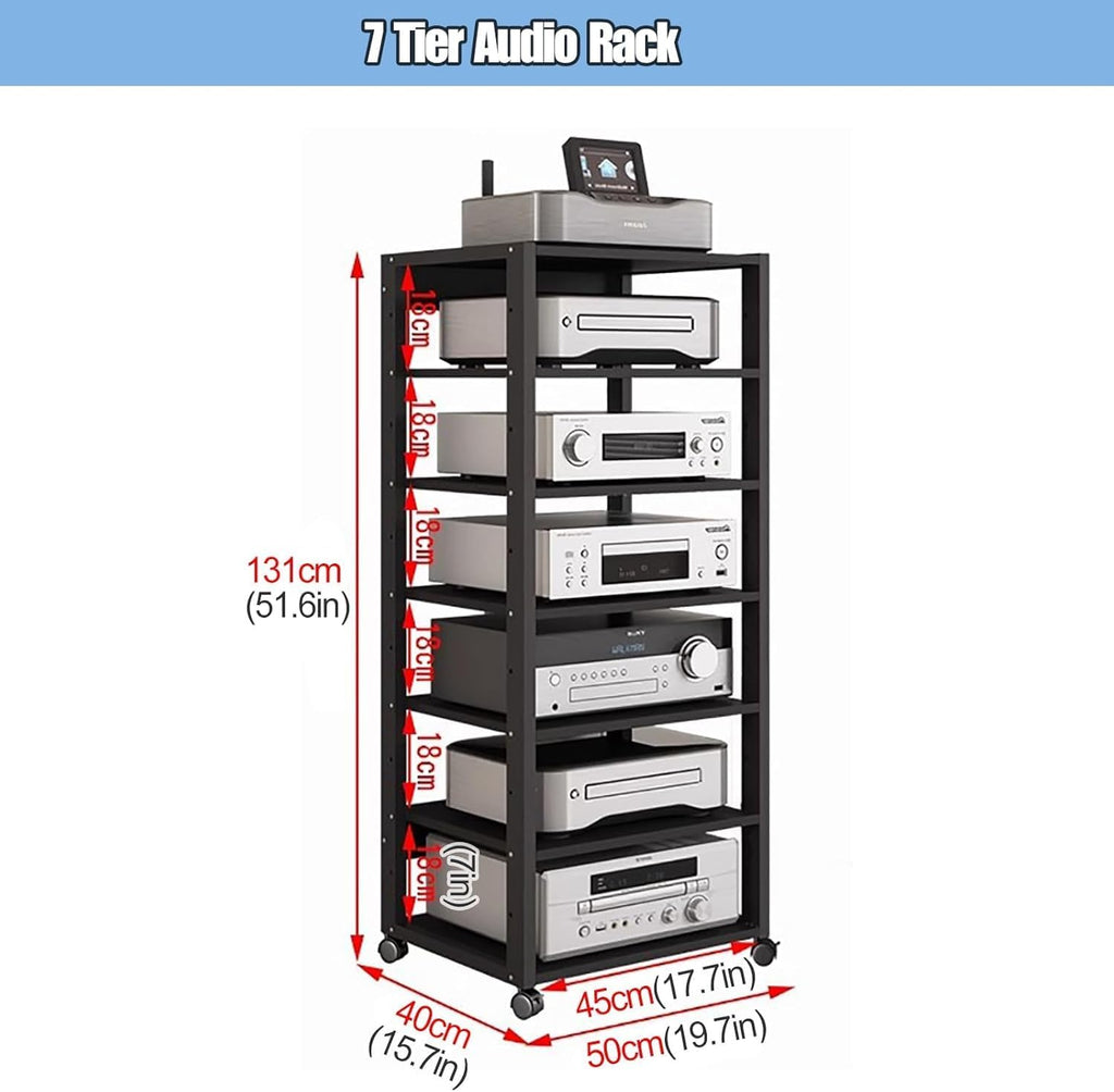 Modern Tall HiFi Racks Audio/Video Component Cabinet, 3/4/5/6/7 Tier Audio Component Rack Tower Media Stereo Stand Equipment Shelves with Wheels, for Home/Office(7 tier-131cm(51.6in))