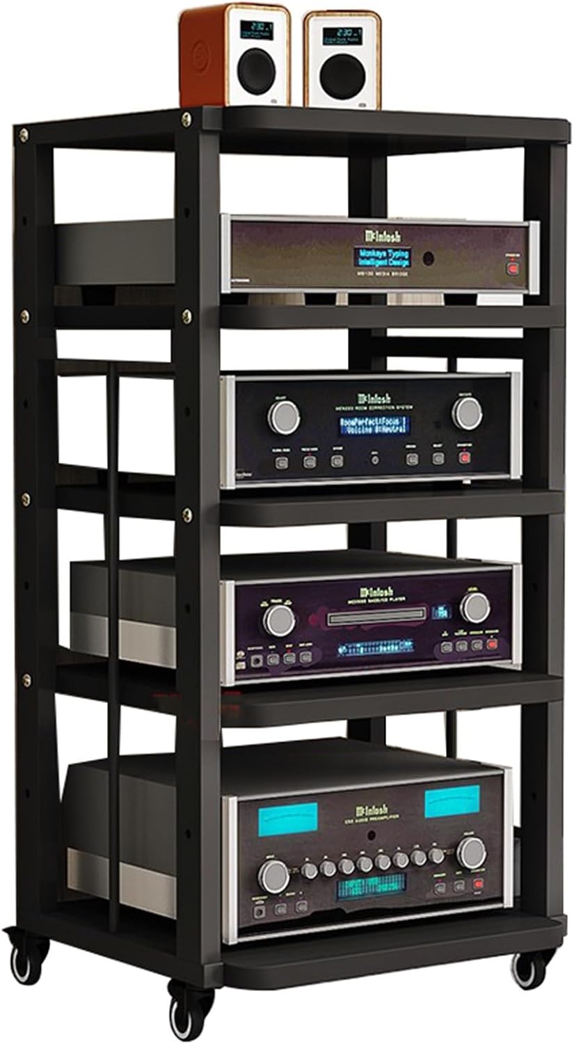 Media Stand 5 Layer Furniture Media Rack DVD CD Player Rack Audio Rack Power Amplifier Equipment Cabinet with Height Adjustable Wooden Shelf Floor Mounted Storage Rack
