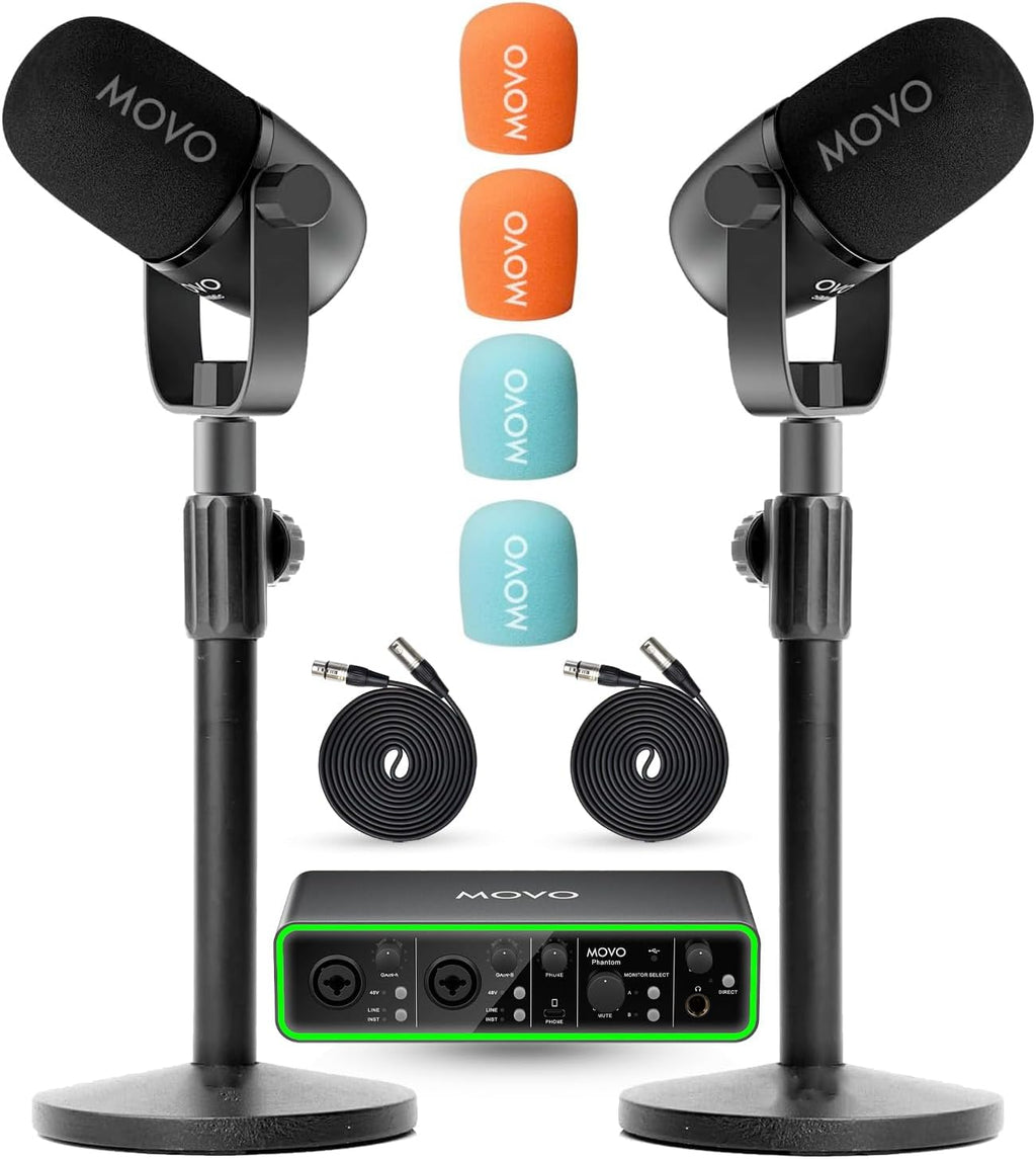 Movo Podcast Equipment Bundle - Phantom USB Audio Interface, 2 CastMic XLR Dynamic Microphones, and 2 Tabletop Stands - Complete Studio Setup for Professional Podcasting and Streaming