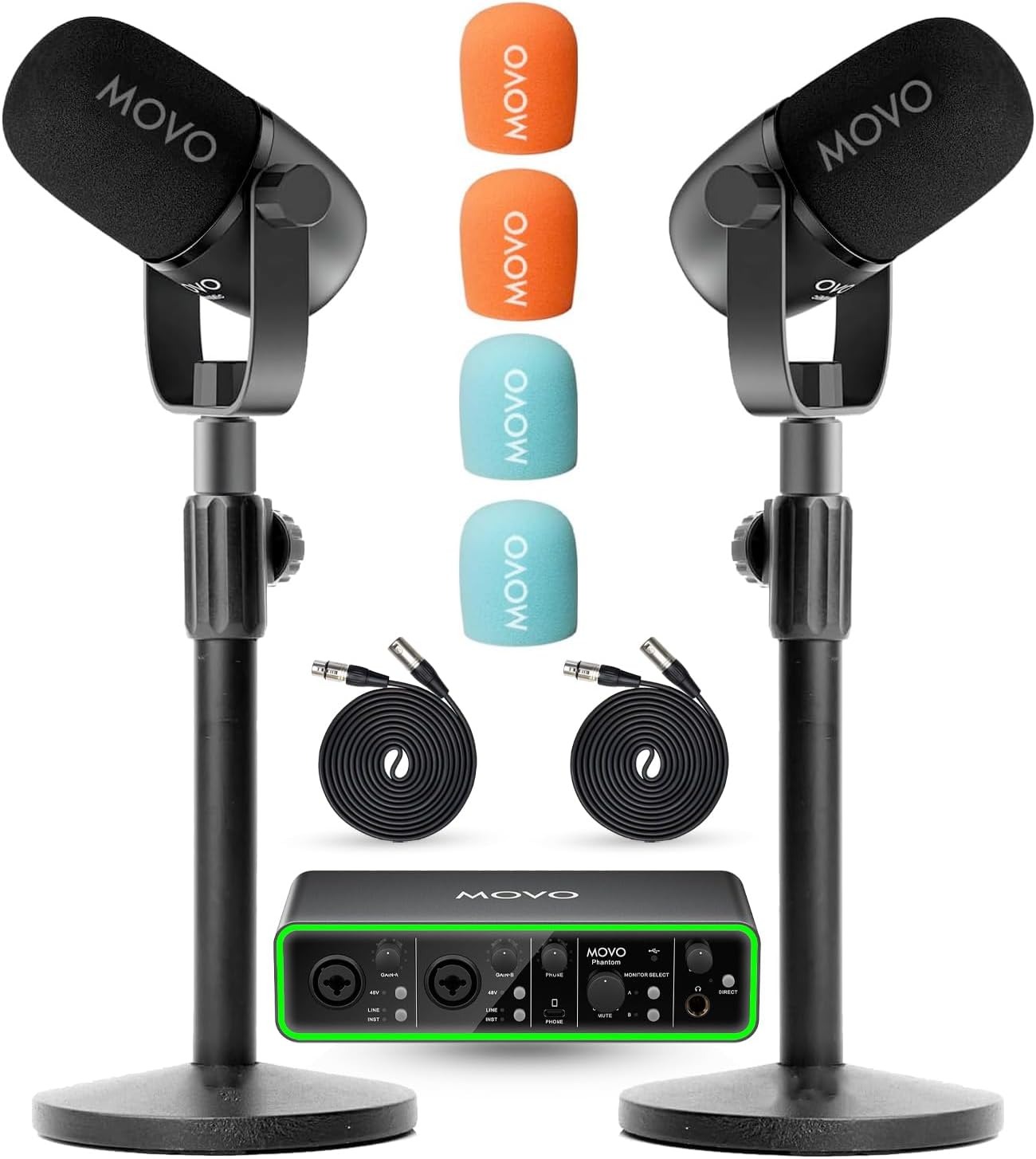Movo Podcast Equipment Bundle - Phantom USB Audio Interface, 2 CastMic XLR Dynamic Microphones, and 2 Tabletop Stands - Complete Studio Setup for Professional Podcasting and Streaming