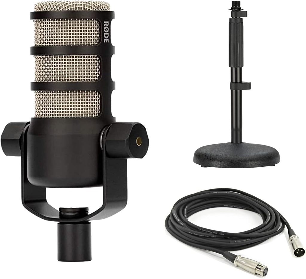 Rode PodMic Dynamic Podcast Microphone with Rode DS1 Desktop Mic Stand, XLR Cable and StreamEye Polishing Cloth