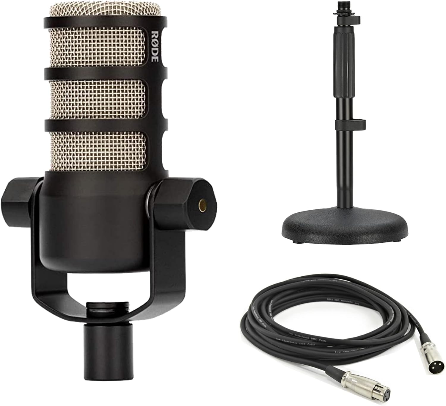 Rode PodMic Dynamic Podcast Microphone with Rode DS1 Desktop Mic Stand, XLR Cable and StreamEye Polishing Cloth