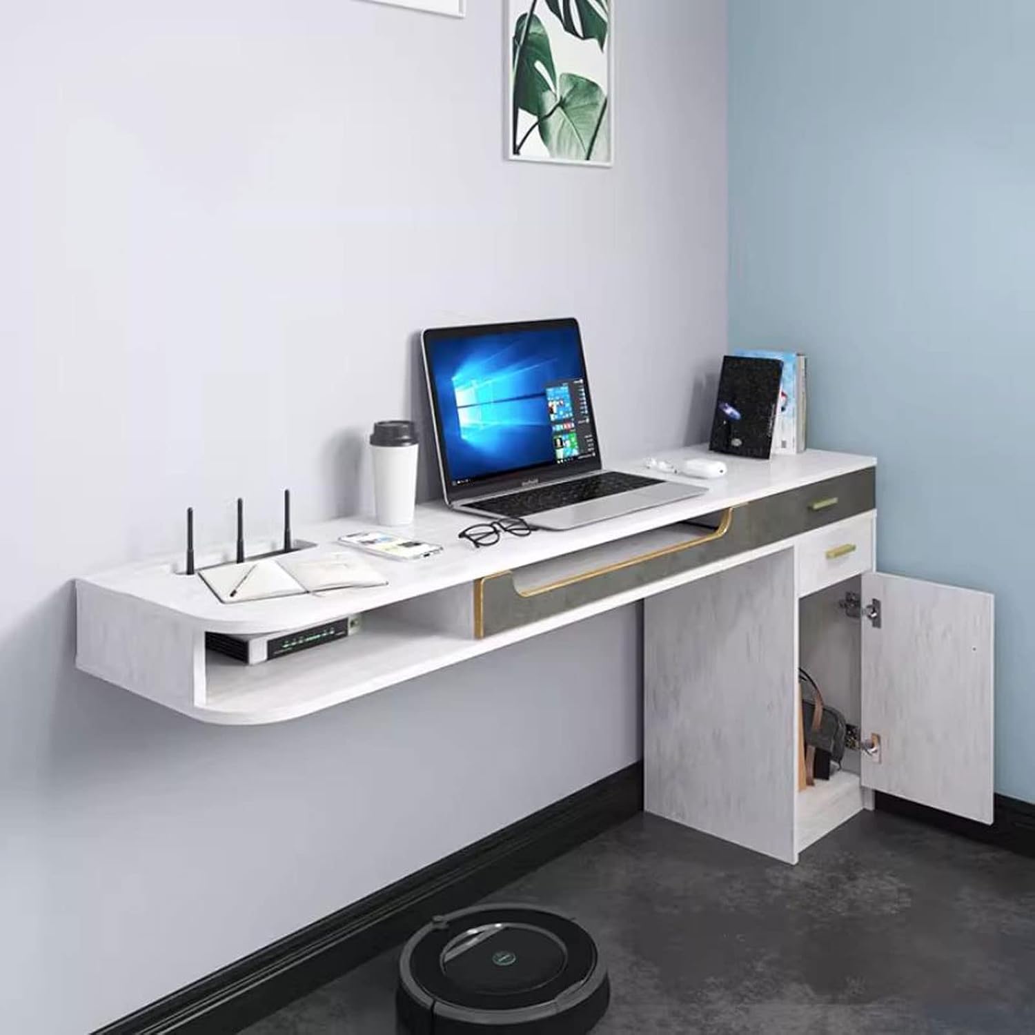 Wall Mounted Workstation Desk & TV Cabinet - Floating Shelf Media Console for Home Office & Bedroom, Corner Shelves for Audio-Visual Equipment & Writing Table
