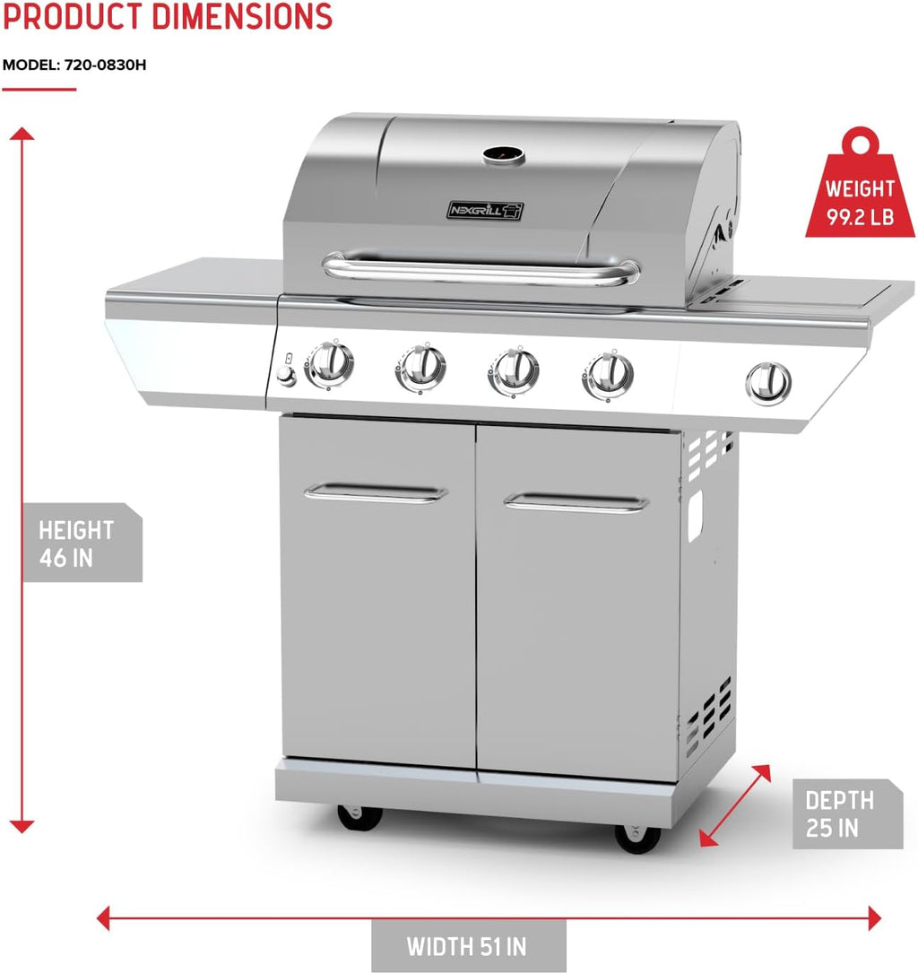 Nexgrill 4-Burner Propane Gas Grill in Stainless Steel with Side Burner, 60000BTUs, 626 sq. in. Cooking Space, Perfect for Outdoor Cooking & Grilling, Patios, BBQ, Backyards, Silver, 720-0830H
