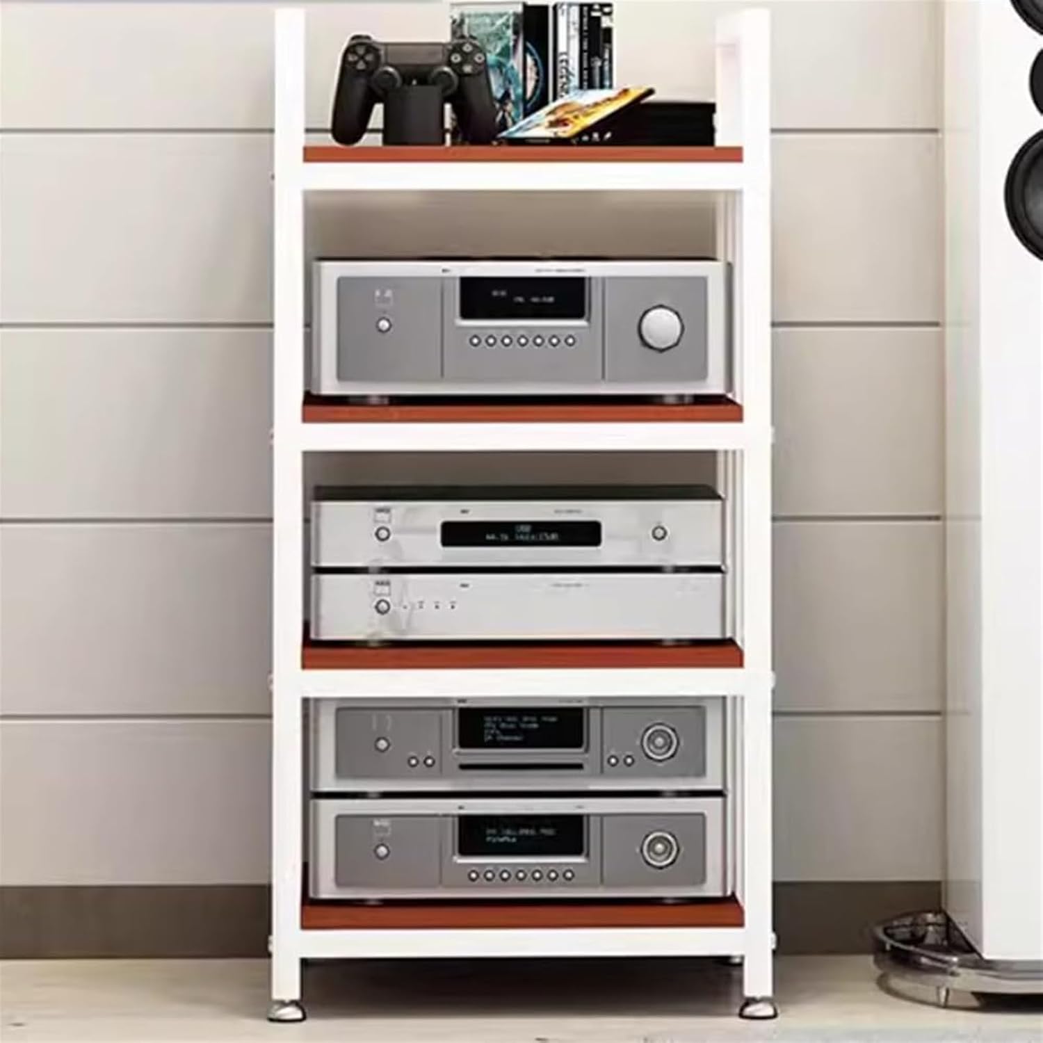 AV Media Stand,Media Stand, Audio Rack Av Stand Tower Power Amplifier Equipment Cabinet Floor-Standing Retro Storage Shelves with Height Adjustable Wooden Shelf(White+Teak)