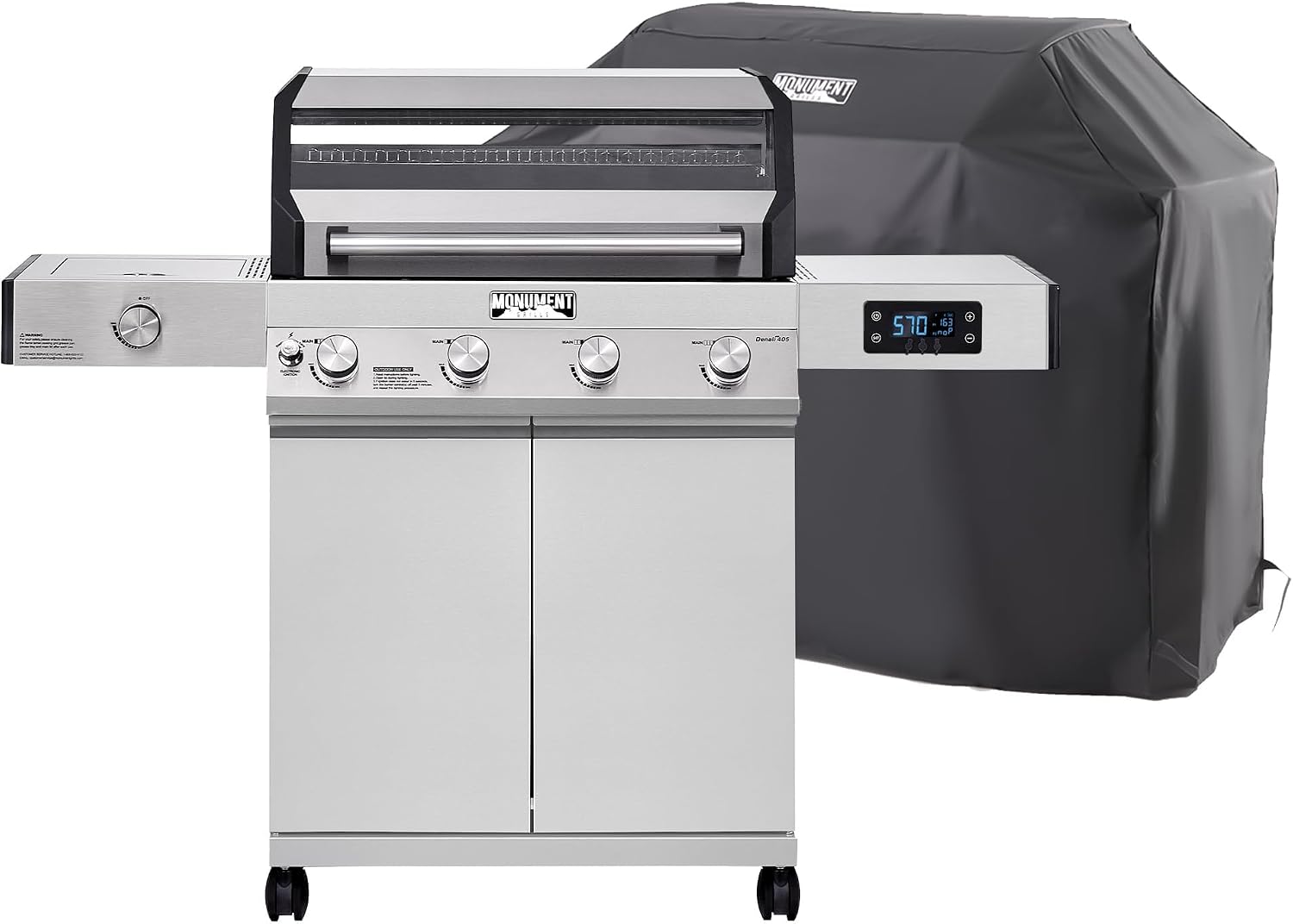 Monument Grills Denali Series, Denali 405 4-Burner Liquid Propane Gas Smart BBQ Grill Stainless Steel with BBQ Cover(2 items)
