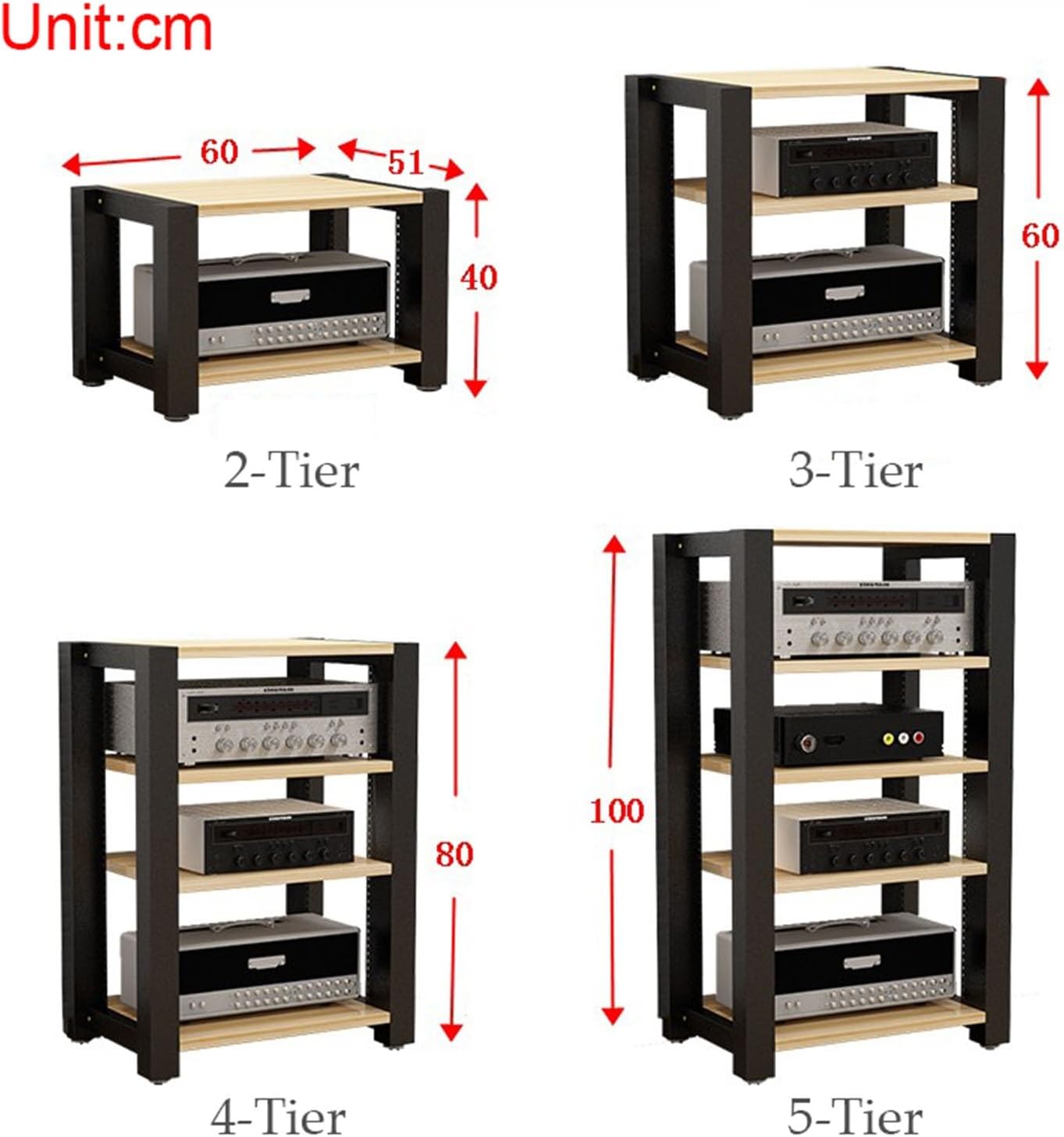 2/3/4/5-Tier Audio/Video Component Cabinet Media Stand CD Player Stand Stereo Equipment Storage Rack with Height Adjustable Wooden Shelf for Home/Offi(A-5-Tier)