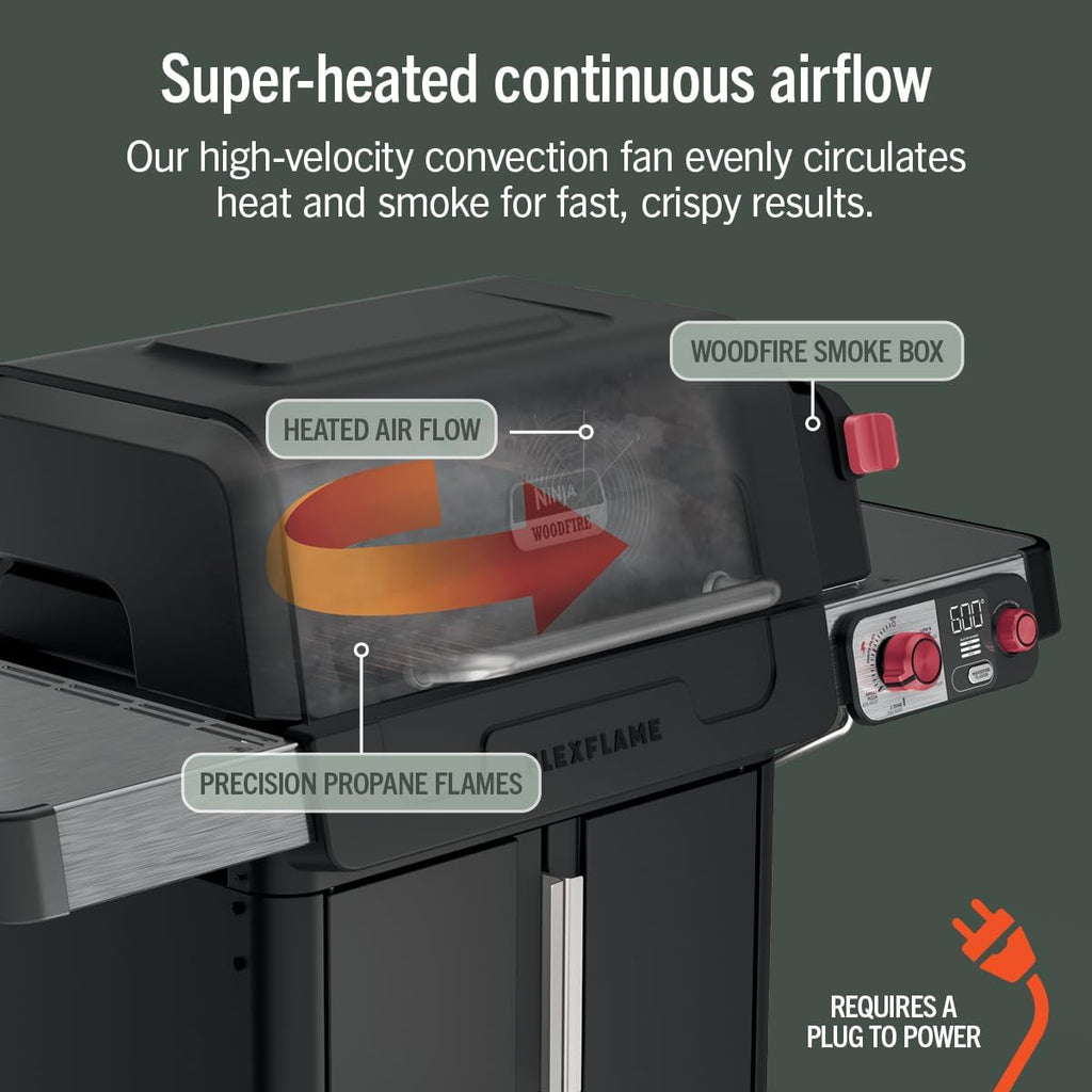 Ninja FlexFlame Grill and Smoker | Electric and Propane Grill, Roaster, BBQ Grill | 5-in-1 Cooking System | 3 Burner | Digital Control | Outdoor Cooking, Griddle, Pizza Maker | Black | PG301BK