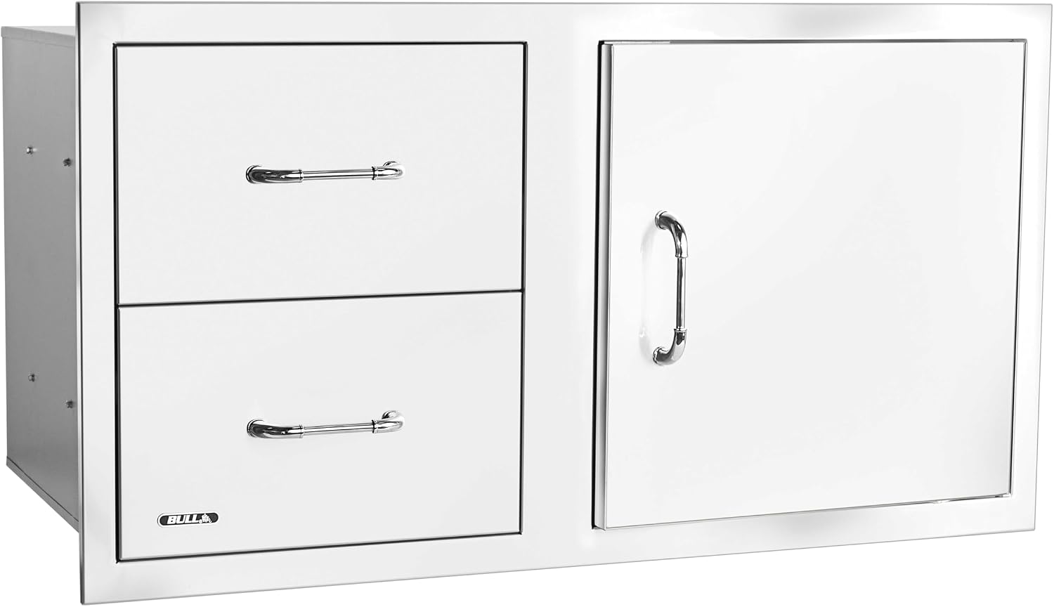 Bull Outdoor Products 30-Inch Outdoor Kitchen Bundle – Angus 75,000 BTU Built-In Grill Head, Grill Cover, Door & 2 Drawer Combo with Reveal, Glass Door & Contemporary Refrigerators – NG