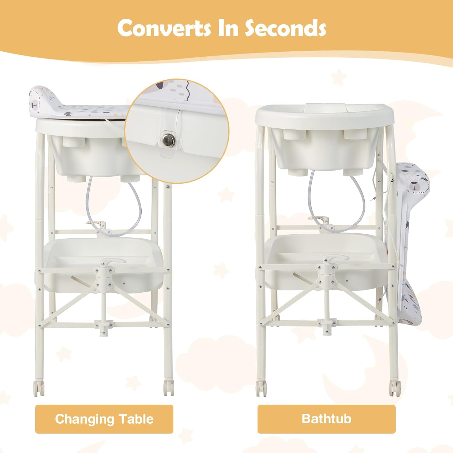 HONEY JOY 2-in-1 Baby Bathtub & Changing Table, Foldable Infant Diaper Changing Station with Wheels, Storage Tray, Waterproof Pad, Portable Newborn Nursery Organizer Bath Stand for Boys Girls (White)