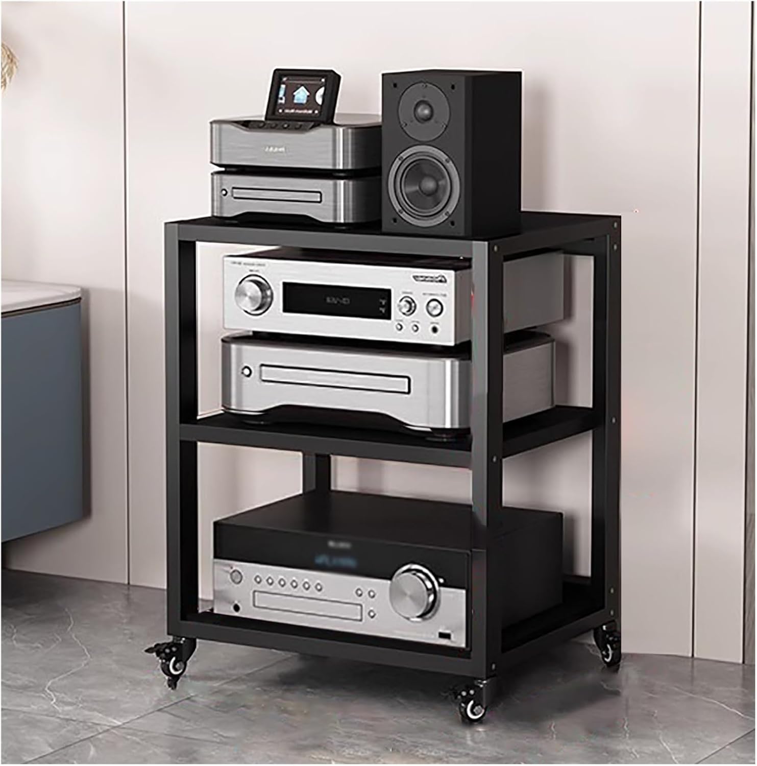 Rolling Audio Component Rack Tower Media Stereo Stand Equipment Shelf, Home Commercial Corner Entertainment Center, Stereo Shelf HiFi Audio Systems, 3 tier-70cm Tall