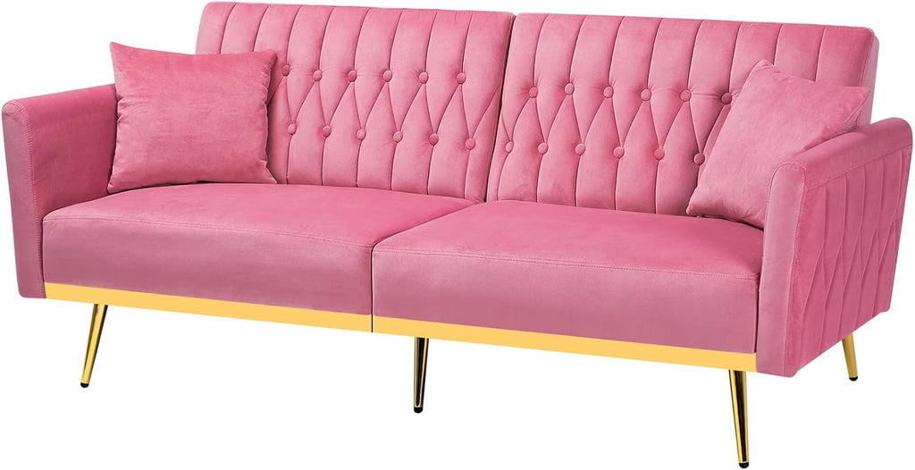70' Velvet Futon Sofa Bed with 2 Pillows and Adjustable Armrests, Convertible Sleeper Bed, Modern Loveseat for Living Room, Bedroom, Pink