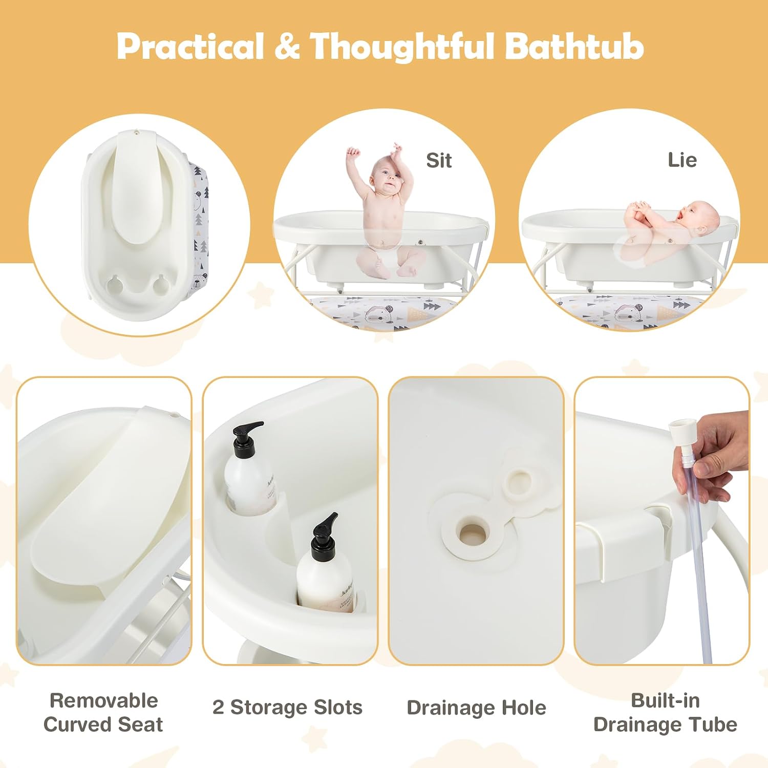 HONEY JOY 2-in-1 Baby Bathtub & Changing Table, Foldable Infant Diaper Changing Station with Wheels, Storage Tray, Waterproof Pad, Portable Newborn Nursery Organizer Bath Stand for Boys Girls (White)