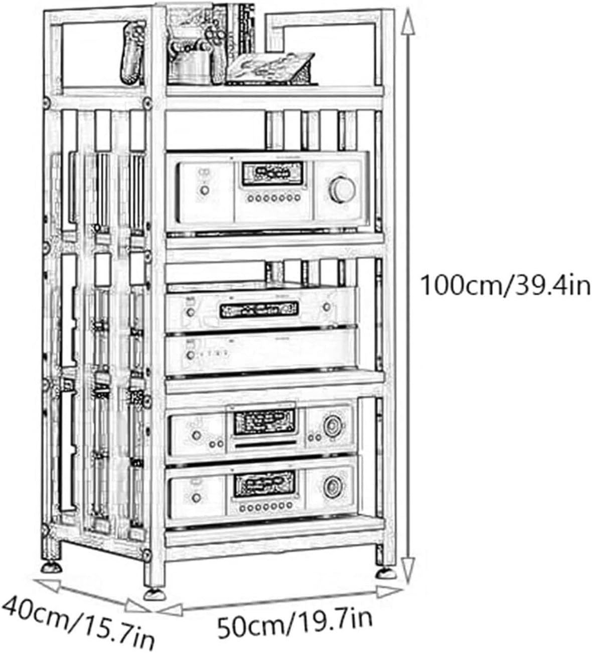 4 Tier Floorstanding Storage Shelves，Furniture Media Stand DVD CD Player Stand Audio Rack Power Amplifier Equipment Cabinet with Height Adjustable Wooden Shelf，19.7x15.7x39.4in (Color : B)