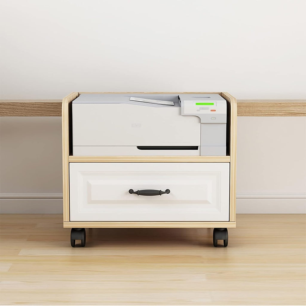 Mobile Printer Stand with Storage Drawer, Under Desk Printer Table on Wheels, Home Office Wood Cart for Mini 3D Printers, Adjustable Printer Rack, Space-Saving Design (L53xW)