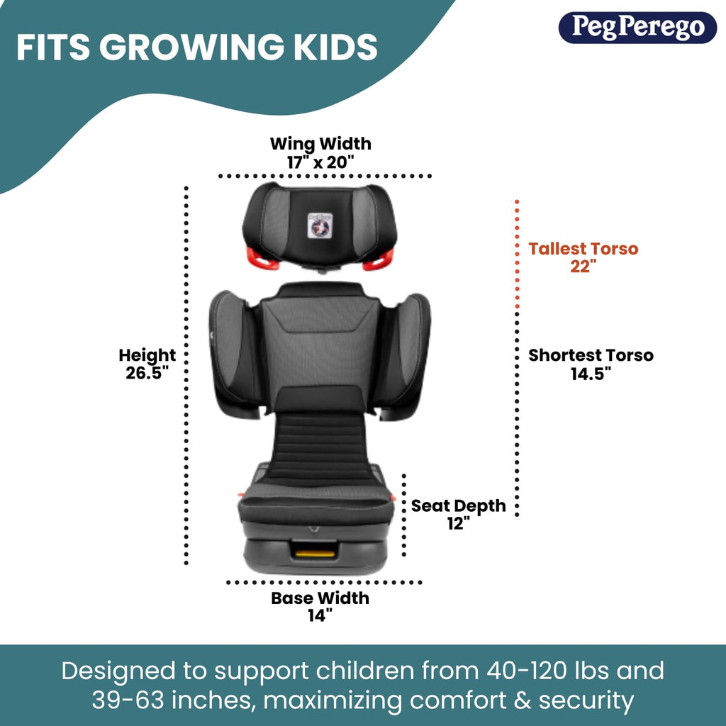 Peg Perego Viaggio Flex 120 Booster, 4D Total Adjust for Safety & Comfort, No Armrests, Compact Fold for Travel, 40-120 lbs, Made in Italy, Crystal Black (Black)