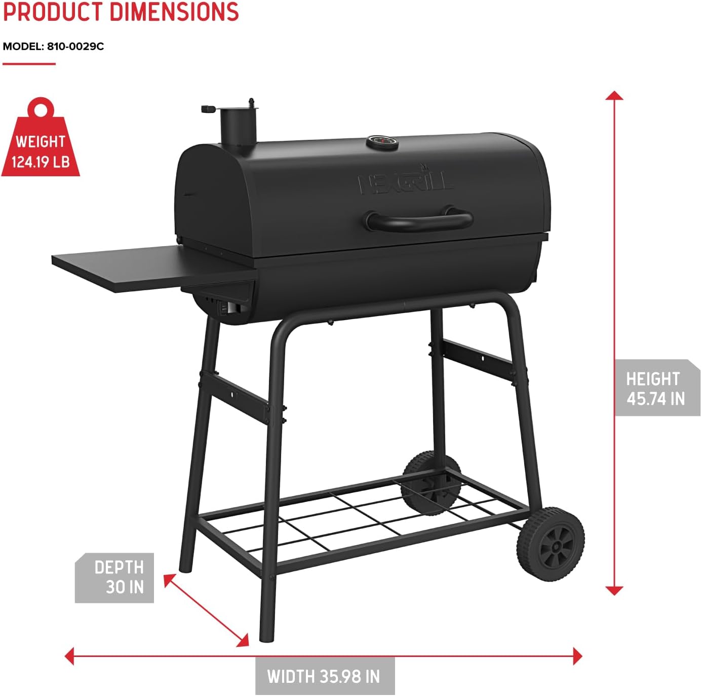 Nexgrill Premium 29' Charcoal Grill with Side Shelf, 552 SQ In Cooking Space, Adjustable Charcoal Tray, Chimney Air Vent, Warming Rack, Barrel Smoker Grill for Camping, Picnics, and More - 810-0029C