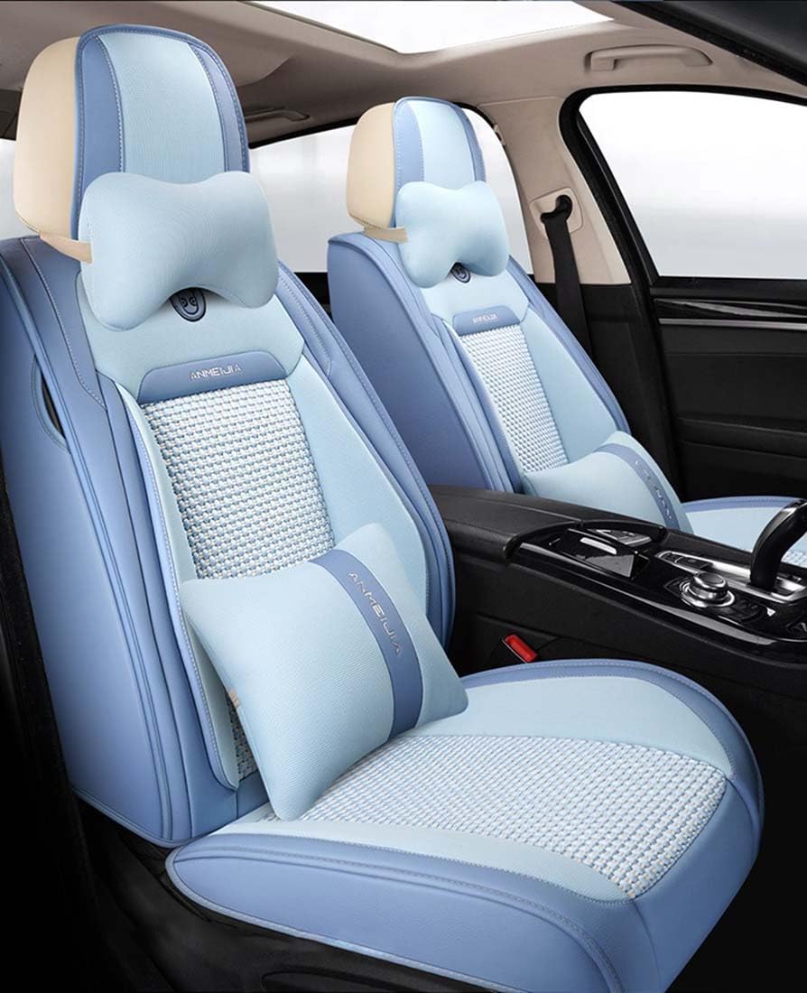 Sky Blue Car Seat Covers Full Set - Leather and Ice Silk Breathable Front and Rear Seat Covers for Women Men, Luxury Car Cushions