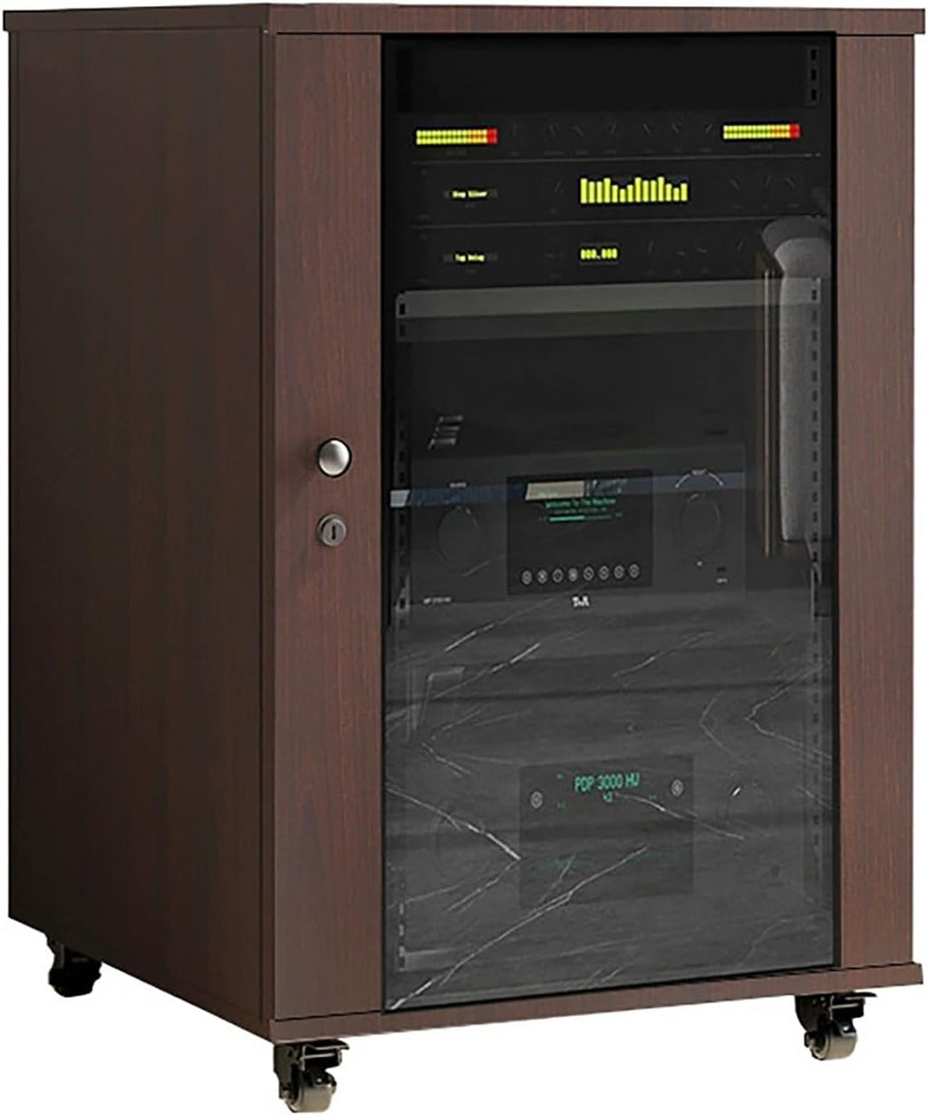 AV Stereo Cabinet, Adjustable Media Storage Stand, Movable Audio Video Rack with Glass Door, TV Stand with Shelves, Perfect for Home Theater (Brown, 56x57x83cm)
