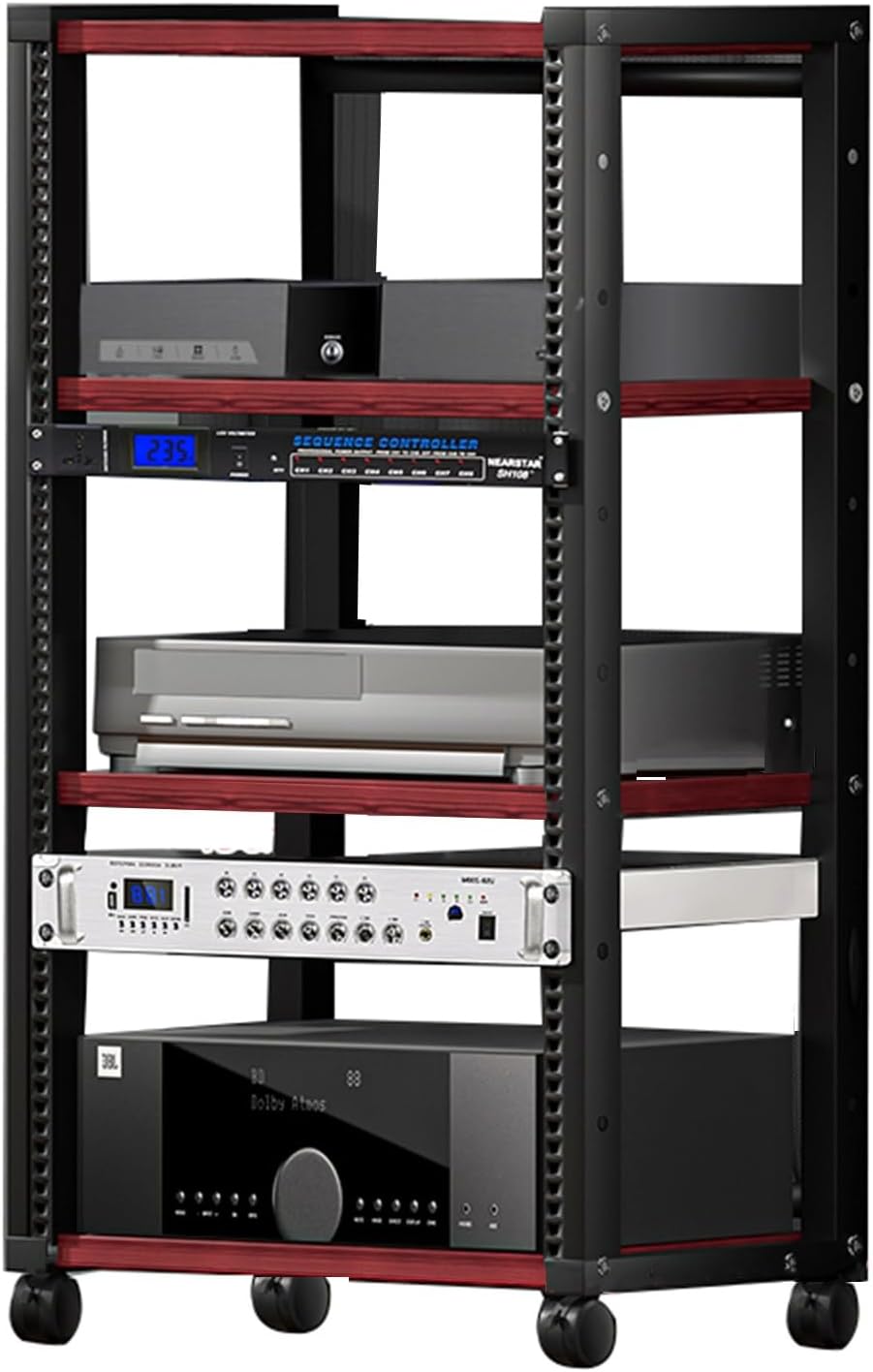 4 Tier Furniture Media Rack DVD CD Player Stand Audio Rack Power Amplifier Equipment Cabinet with Height Adjustable Wood Shelf Floor Standing Storage Rack for Bedroom, Living Room(Red Teak)