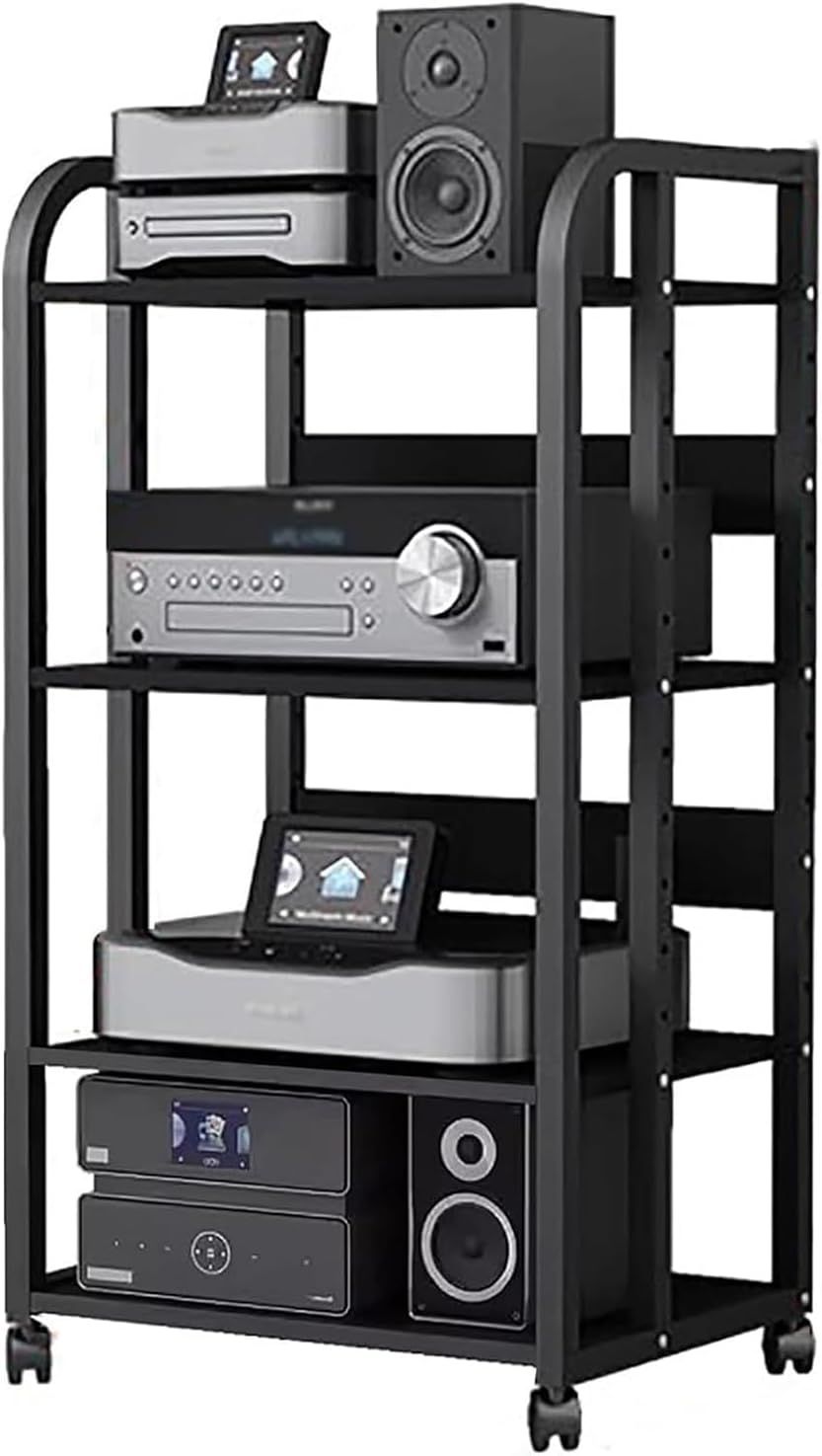 XingLi 3/4/5-Tier Audio Equipment Rolling Cart Rack，Large Stereo Black Storage Cabinet - Office Bedroom Living Room AV Media Shelf(Size:4 Tier-H100cm)