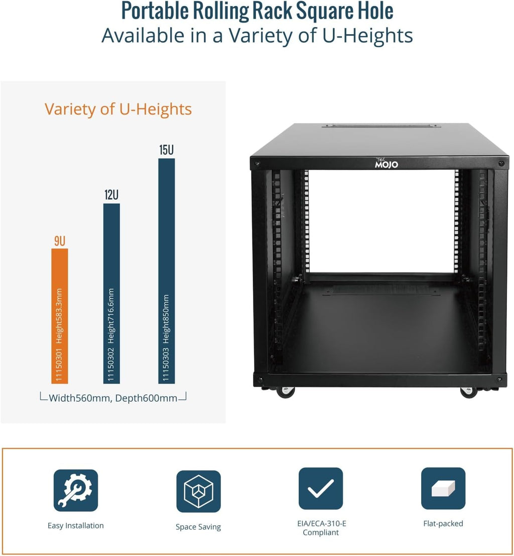 Tecmojo 9U Portable Rolling Network Rack, 4-Post Mobile Open Frame Server Rack with Wheels, Free Standing Server Cabinet for Computer/Data/AV/IT Equipment/Network Equipment