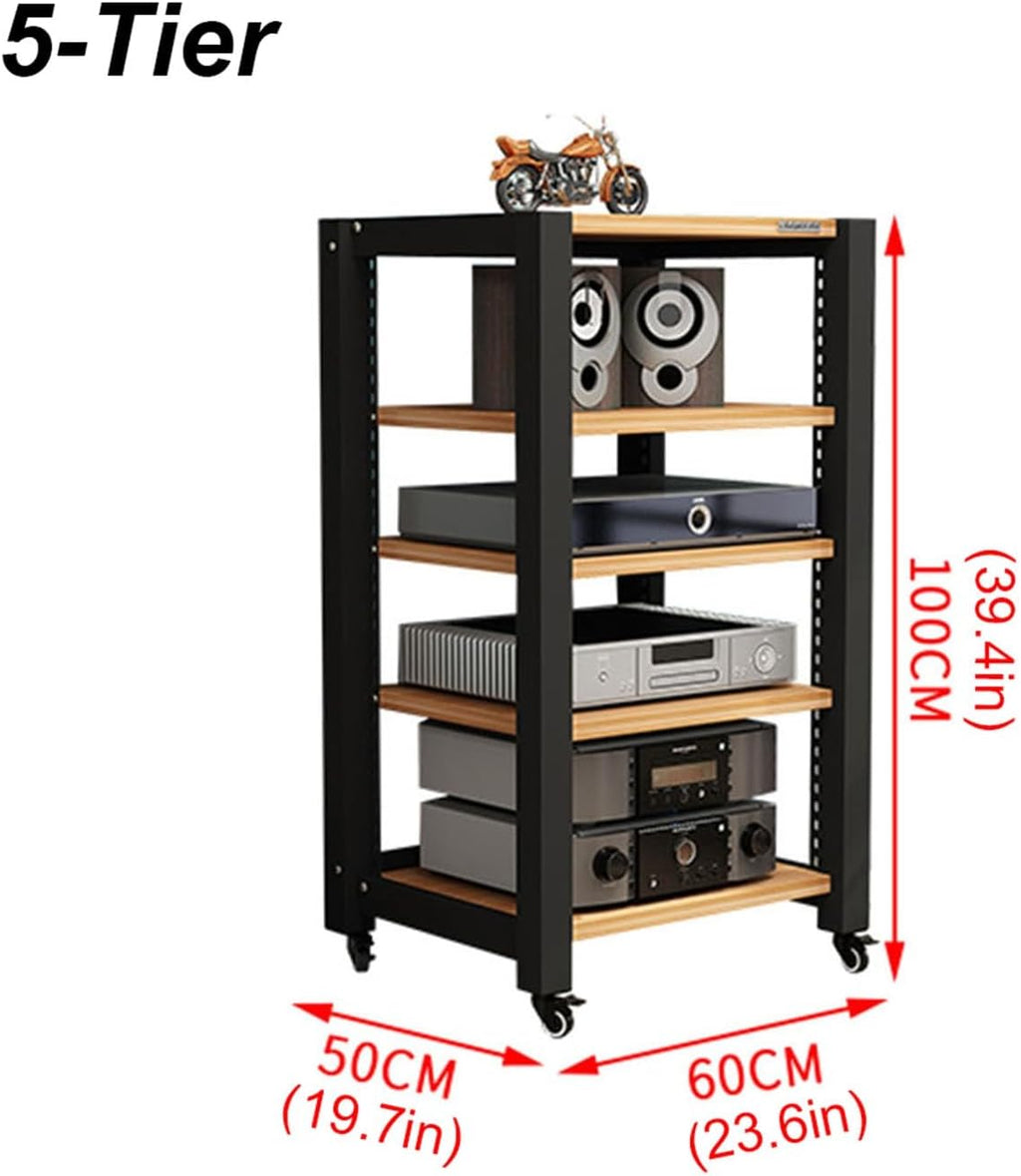 5-Tier Movable AV Media Player Stand Corner Audio Tower Component Cabinet Stereo Stand Adjustable Open Storage Rack with Wooden Shelves and Steel Frame for Home/Office/Theater (Color : A) (A)