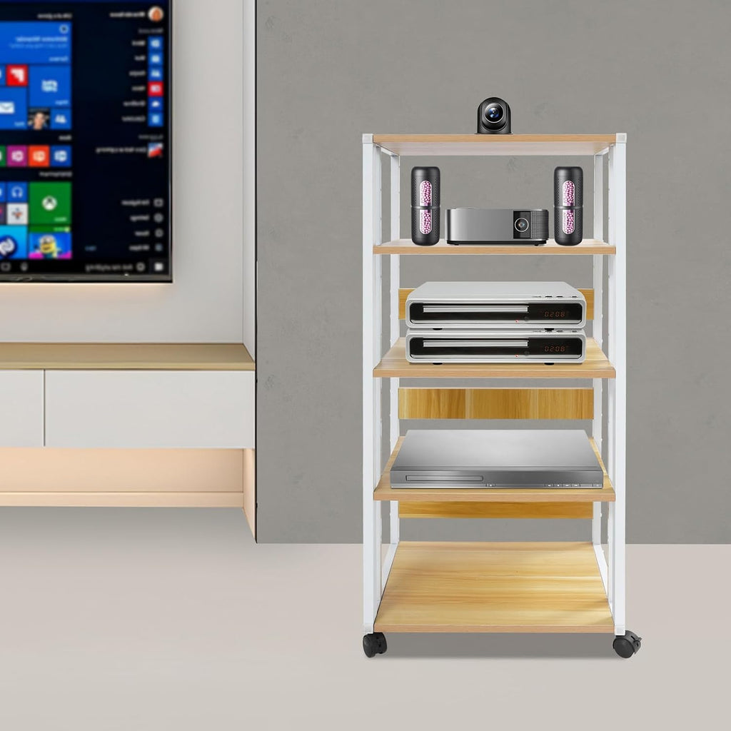 5-Tier Media Stand, Audio Rack Tower Stereo Cabinet with Wheels, CD Record Player Stand Speaker Display Rack with Adjustable Wooden Shelf for Home Theater Studio (White & Wood Color)