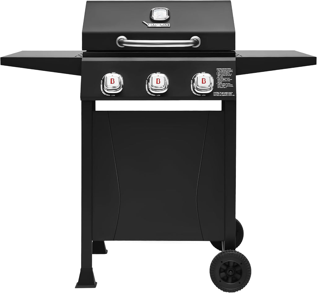 BRANDMAN GRILLS SINCE 1987 3-Burner Propane Gas Grill, 27,000 BTU BBQ Grill with Porcelain-Enameled Grates, Built-In Thermometer, Side Shelves, Heavy-Duty Wheels – Outdoor Grill for Patio & Backyard