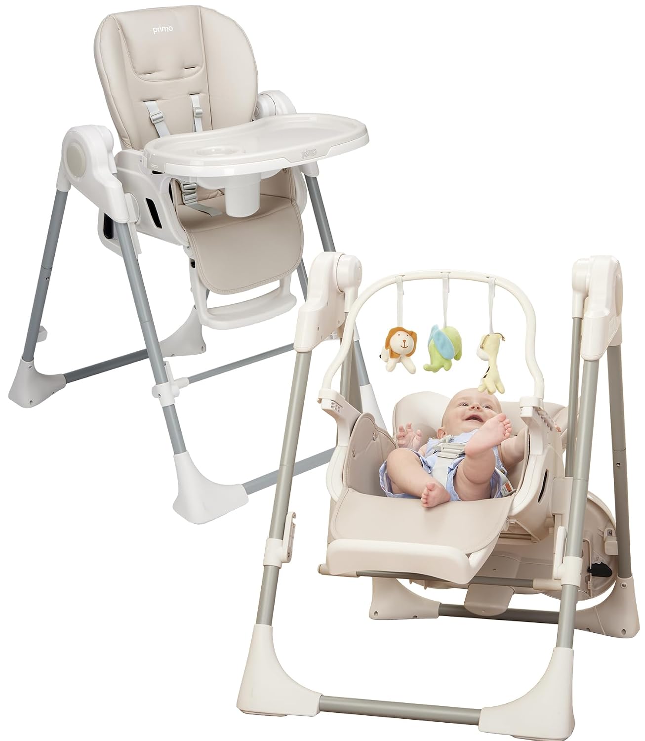 PrimoBaby SnuggleBug 2-in-1 Infant Swing & High Chair, Adjustable Seat Recline, Height, & Feeding Tray, App Control, Music & Nature Sounds, Toy Bar, Ergonomic Cushion, 5 Point Safety Harness