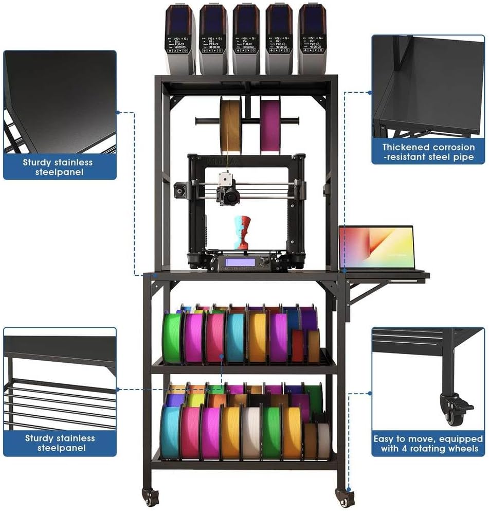 3D Printer Stand, Heavy Duty Large Printer Table Stand with Filament Storage Rack and T-Shaped Spools Holder Rack 3D Printer Table Workbench with Wheels Use for 3D Laser Printer Home Office