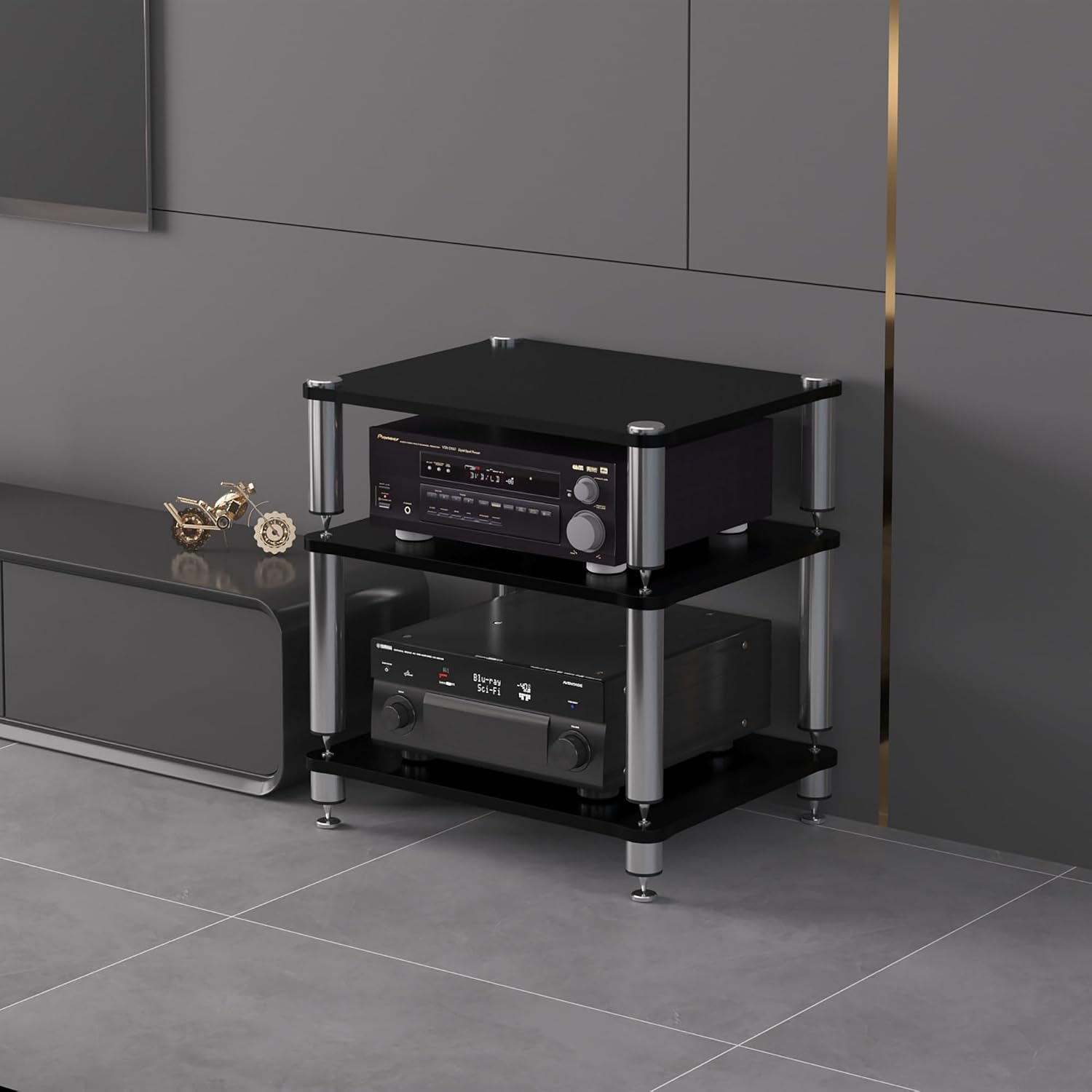 1-4 Tier Audio Rack Stand, Media Console, and Corner Entertainment Center, Corner TV Stand, and Audio Stand, for AV Equipment, Stereo Cabinet, and Gaming Shelves(Black,49x48x60cm)